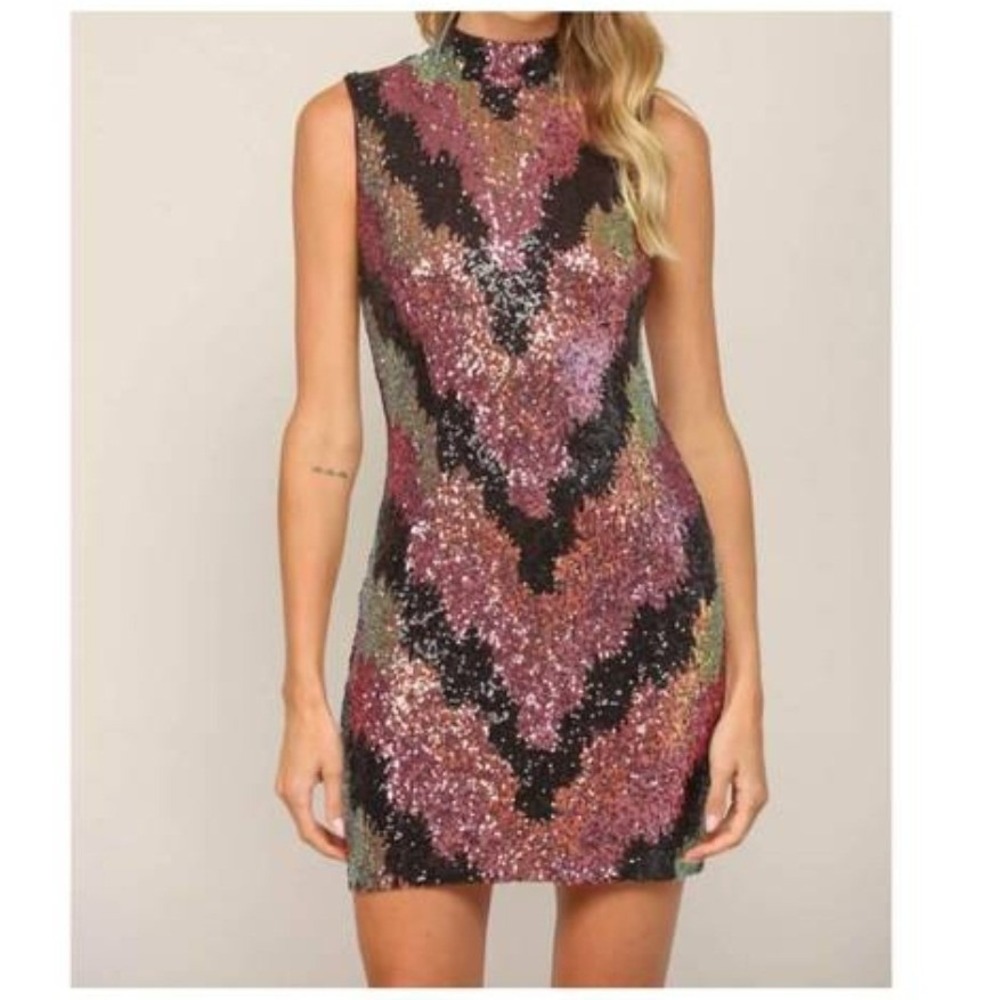Fate Sequin Mock Neck Mini Dress Size M NEW Disco Glam NYE Retro Gatsby Party